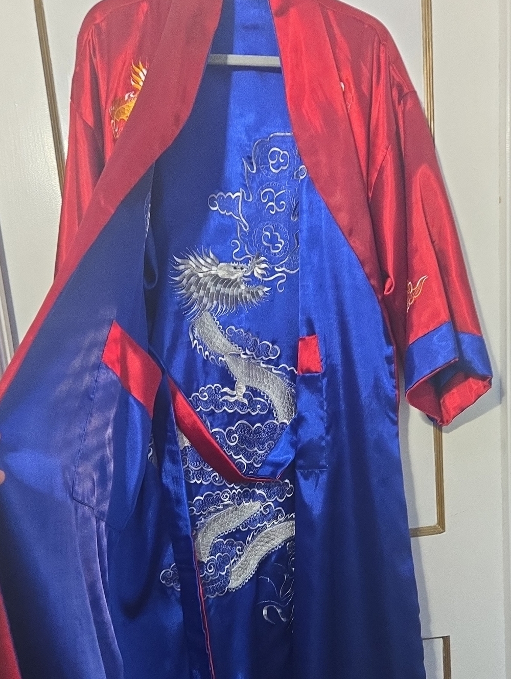Unisex Dragon Embroidered Satin Kimono Robe - Reversable Deep Red & Royal Blue.